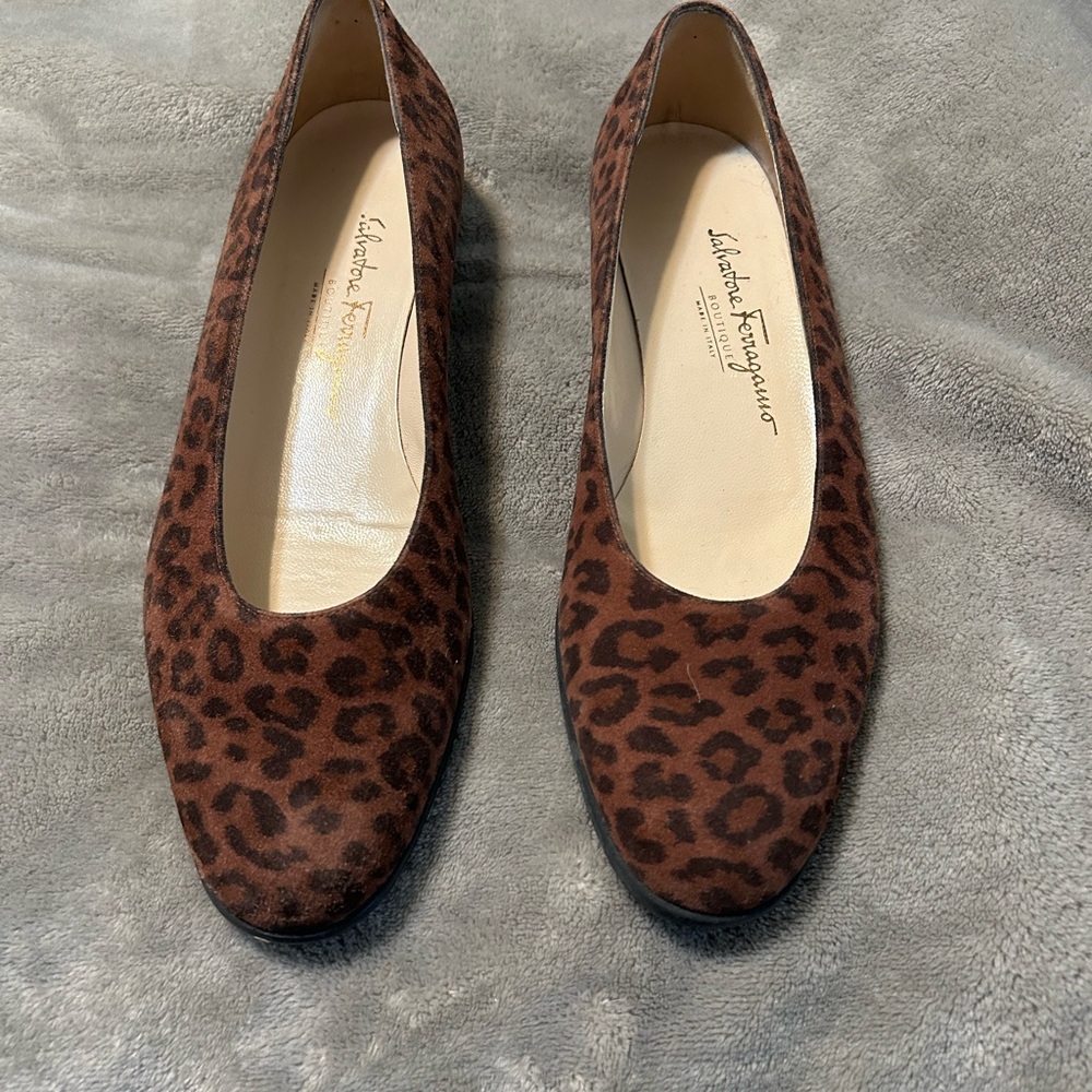 Salvatore Ferragamo faux suede, animal print flats.  Made in Italy.